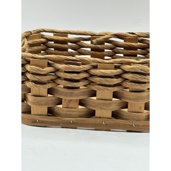 Vtg Handwoven Paper Rope Basket Wood Base Folk Art Primitive Farmhouse Signed - Picture 3 of 10